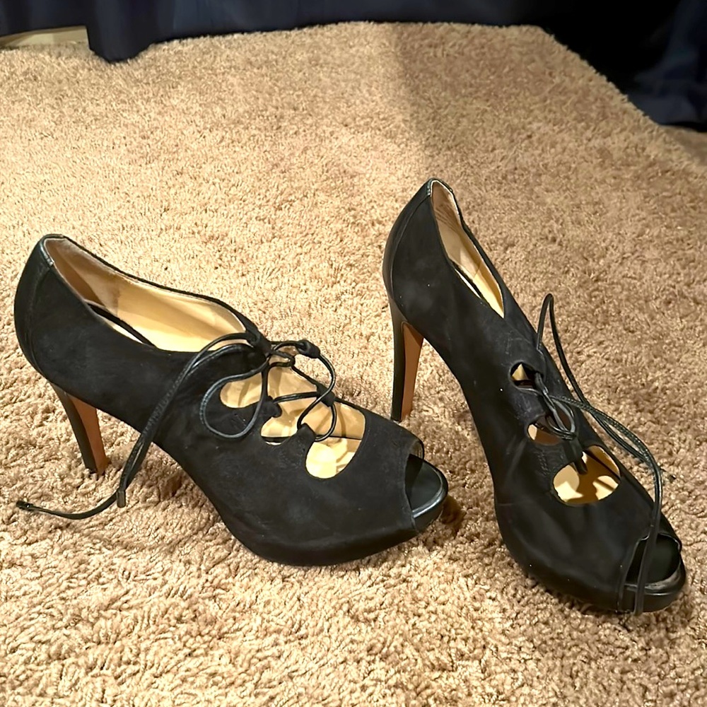 Lace up black suede heels